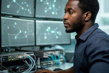 Guli Isichei working at a network operations desk with switch diagrams on screen