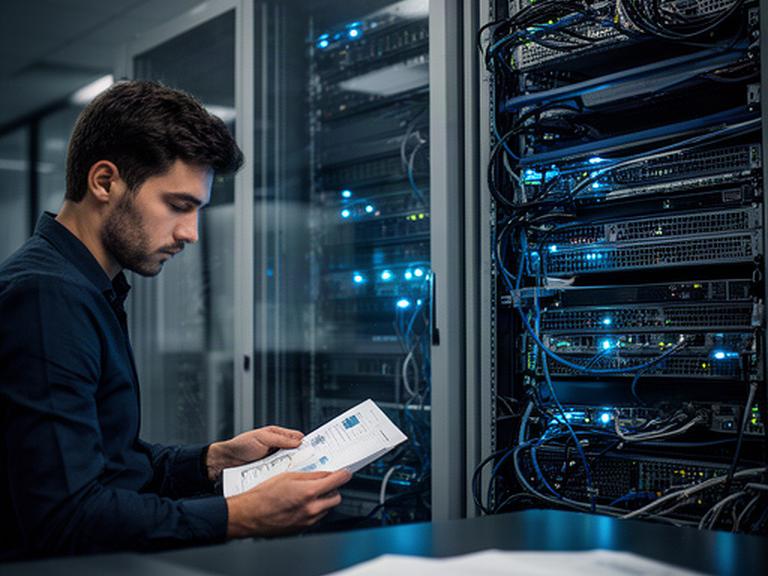 IT infrastructure editor reviewing server monitoring notes beside a rack of blue-lit equipment