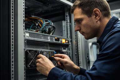 Dobromir Tevlin inspecting a rack-mounted server in a technical workshop