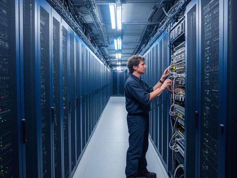 Data centre aisle with blue server racks, overhead cabling, and an engineer checking network equipment