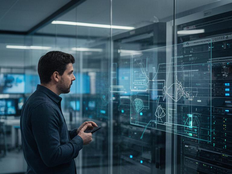 Infrastructure editor reviewing server diagrams beside a glass-walled operations room in London