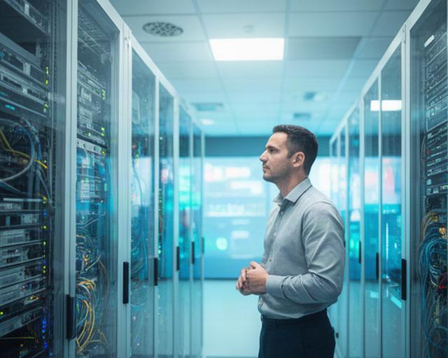 Infrastructure engineer reviewing server racks and monitoring dashboards in a London data centre